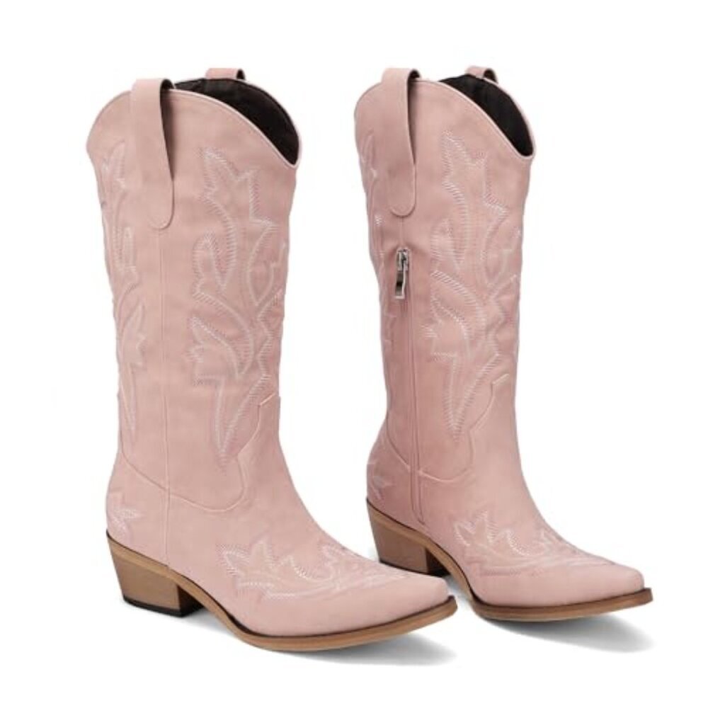 Women's PU Leather Boots Chunky Heel Pointed Toe Wide Calf Pull-On - Picture 5 of 8